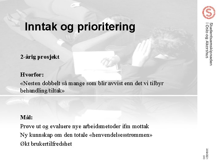 0 Inntak og prioritering 2 -årig prosjekt Hvorfor: «Nesten dobbelt så mange som blir