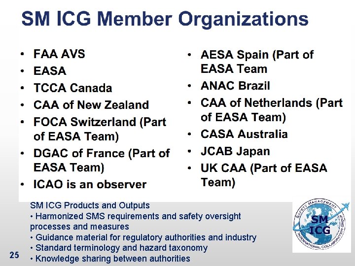25 SM ICG Products and Outputs • Harmonized SMS requirements and safety oversight processes