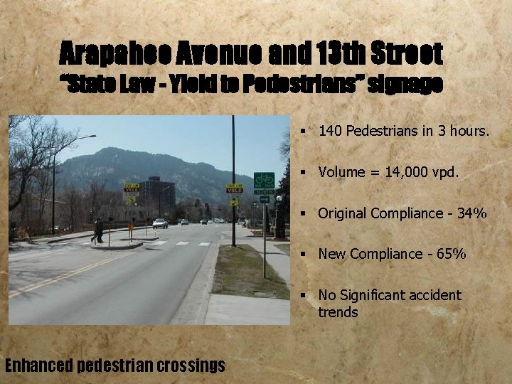 Arapahoe Avenue and 13 th Street “State Law - Yield to Pedestrians” signage §