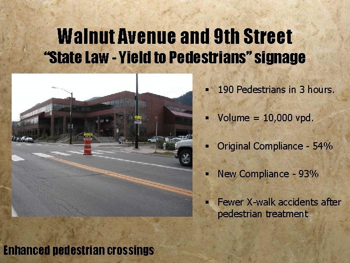 Walnut Avenue and 9 th Street “State Law - Yield to Pedestrians” signage §