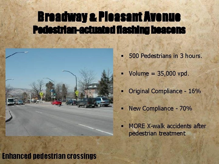 Broadway & Pleasant Avenue Pedestrian-actuated flashing beacons § 500 Pedestrians in 3 hours. §