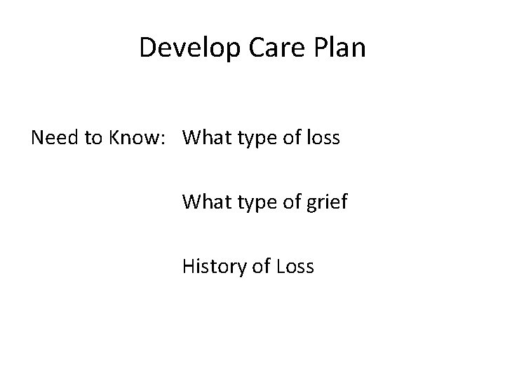 Develop Care Plan Need to Know: What type of loss What type of grief