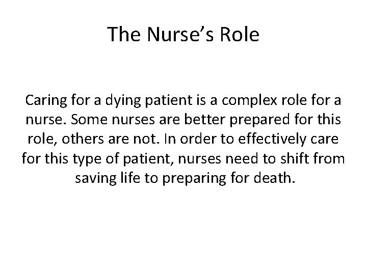 The Nurse’s Role Caring for a dying patient is a complex role for a