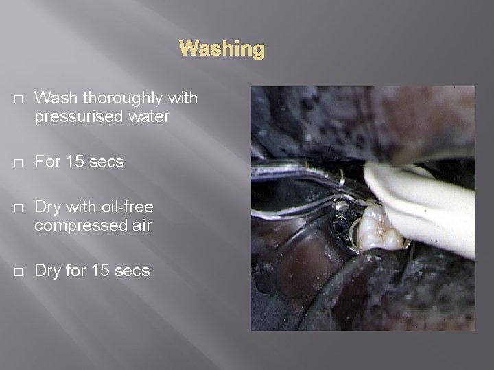 Washing � Wash thoroughly with pressurised water � For 15 secs � Dry with