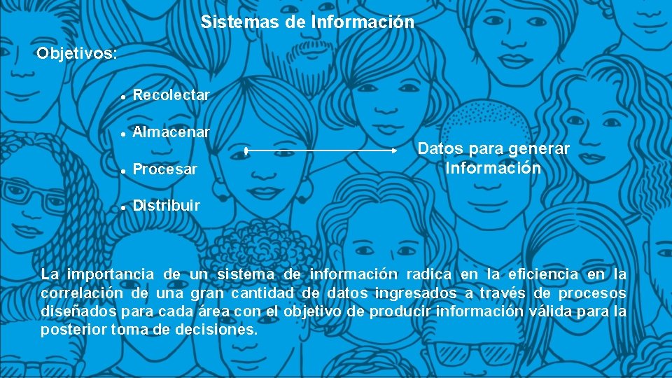 Sistemas de Información Objetivos: Recolectar Almacenar Procesar Distribuir Datos para generar Información La importancia