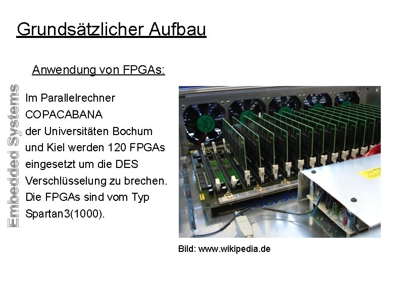 Grundsätzlicher Aufbau Anwendung von FPGAs: Im Parallelrechner COPACABANA der Universitäten Bochum und Kiel werden