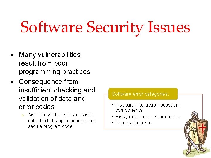 Software Security Issues • Many vulnerabilities result from poor programming practices • Consequence from