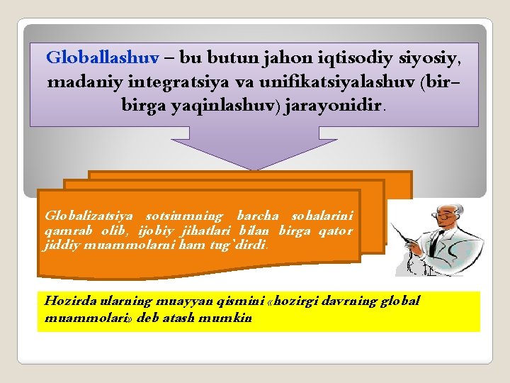 Globallashuv – bu butun jahon iqtisodiy siyosiy, madaniy integratsiya va unifikatsiyalashuv (birbirga yaqinlashuv) jarayonidir.