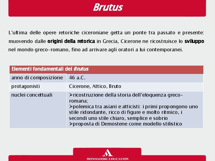 Brutus L’ultima delle opere retoriche ciceroniane getta un ponte tra passato e presente: muovendo