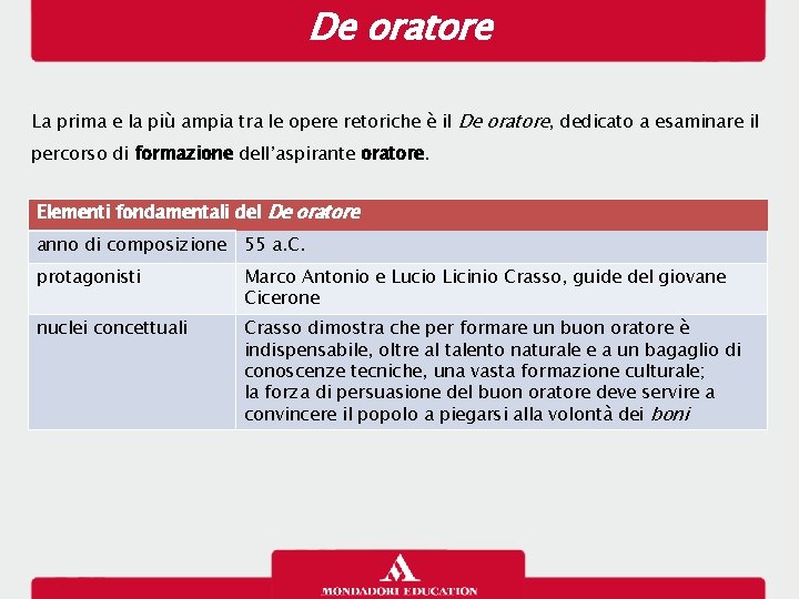 De oratore La prima e la più ampia tra le opere retoriche è il