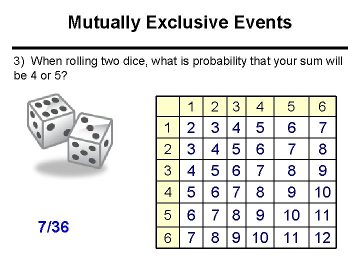 Mutually Exclusive Events 3) When rolling two dice, what is probability that your sum