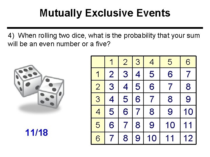 Mutually Exclusive Events 4) When rolling two dice, what is the probability that your