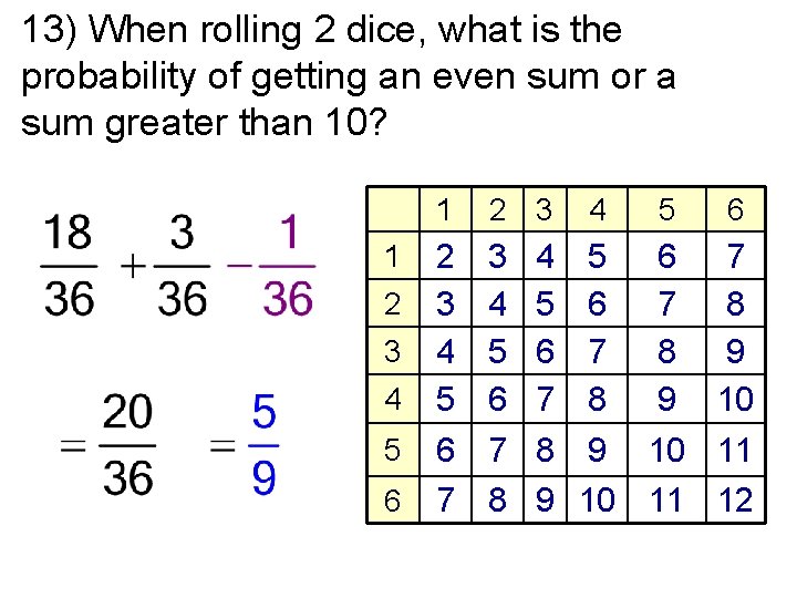 13) When rolling 2 dice, what is the probability of getting an even sum