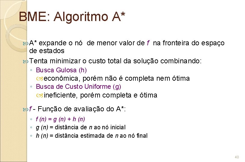 BME: Algoritmo A* expande o nó de menor valor de f na fronteira do