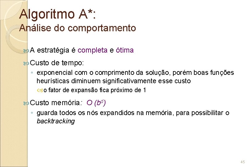 Algoritmo A*: Análise do comportamento A estratégia é completa e ótima Custo de tempo: