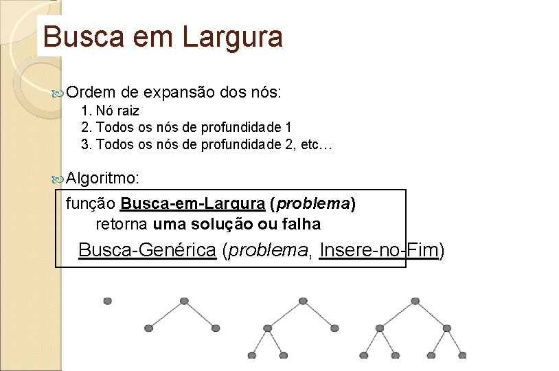 Busca em Largura Ordem de expansão dos nós: 1. Nó raiz 2. Todos os