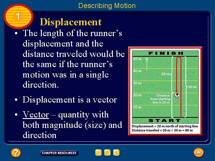 Describing Motion 1 Displacement • The length of the runner’s displacement and the distance