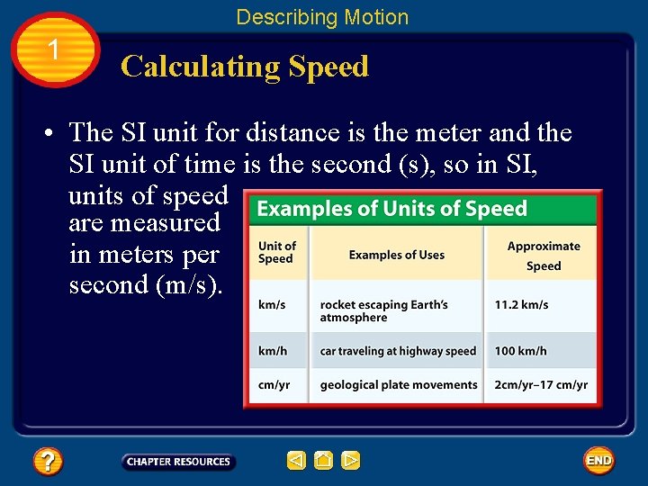 Describing Motion 1 Calculating Speed • The SI unit for distance is the meter