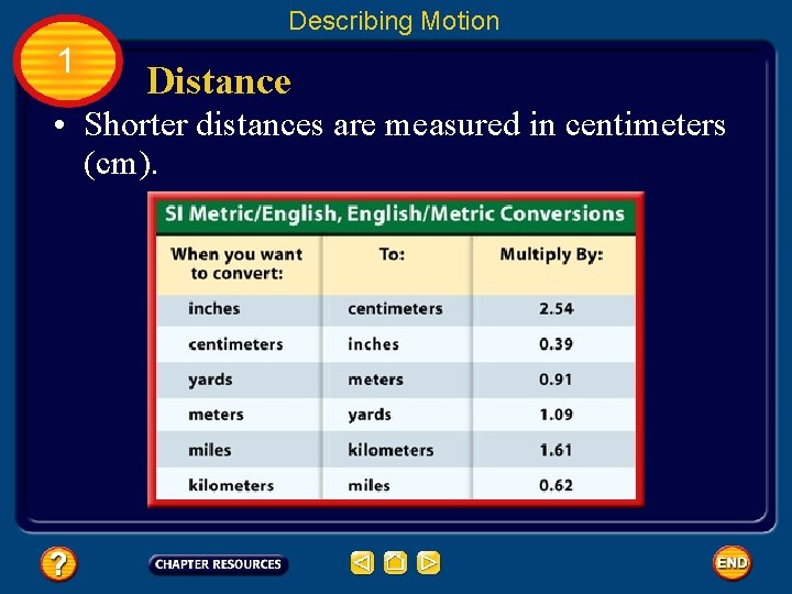 Describing Motion 1 Distance • Shorter distances are measured in centimeters (cm). 