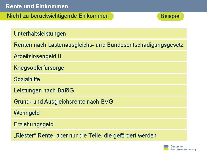 Rente und Einkommen Nicht zu berücksichtigende Einkommen Beispiel Unterhaltsleistungen Renten nach Lastenausgleichs- und Bundesentschädigungsgesetz