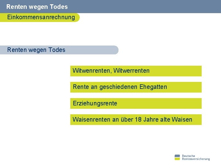 Renten wegen Todes Einkommensanrechnung Renten wegen Todes Witwenrenten, Witwerrenten Rente an geschiedenen Ehegatten Erziehungsrente