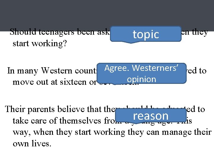 Should teenagers been asked to move topicout when they start working? Agree. Westerners’ In