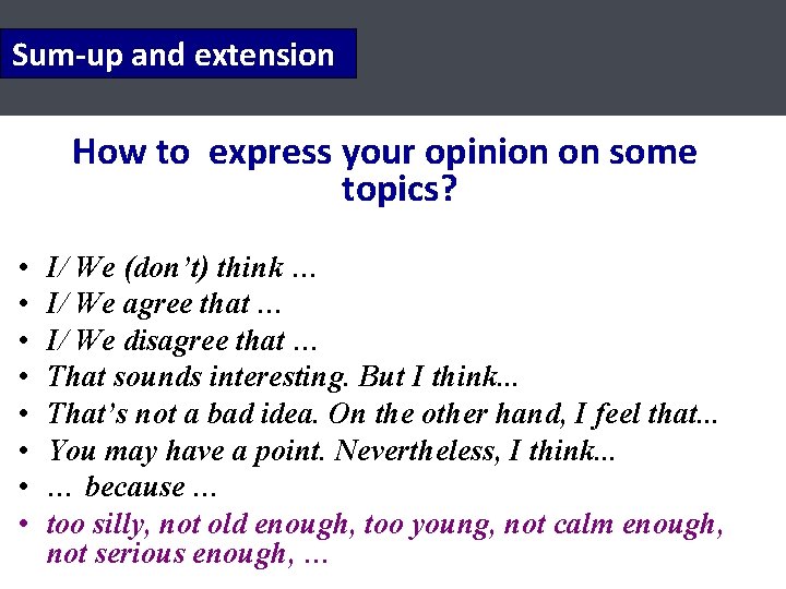 Sum-up and extension How to express your opinion on some topics? • • I/