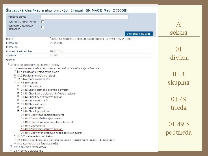 A sekcia 01 divízia 01. 4 skupina 01. 49 trieda 01. 49. 5 podtrieda