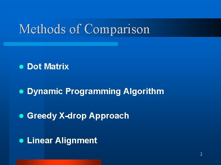Methods of Comparison l Dot Matrix l Dynamic Programming Algorithm l Greedy X-drop Approach Methods of Comparison l Dot Matrix l Dynamic Programming Algorithm l Greedy X-drop Approach