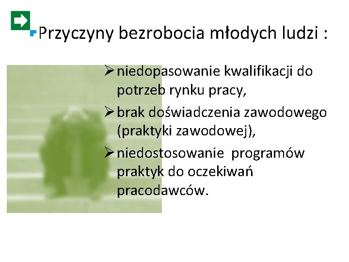 Przyczyny bezrobocia młodych ludzi : Ø niedopasowanie kwalifikacji do potrzeb rynku pracy, Ø brak