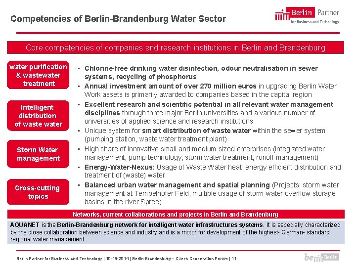Competencies of Berlin-Brandenburg Water Sector Core competencies of companies and research institutions in Berlin