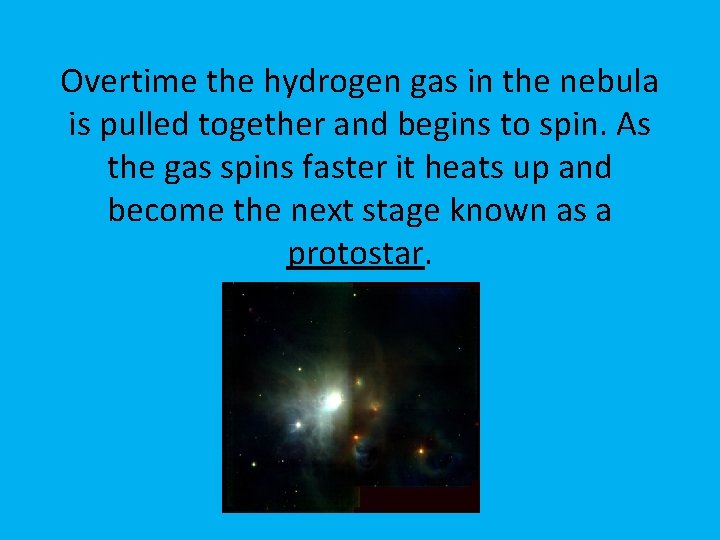 Overtime the hydrogen gas in the nebula is pulled together and begins to spin.