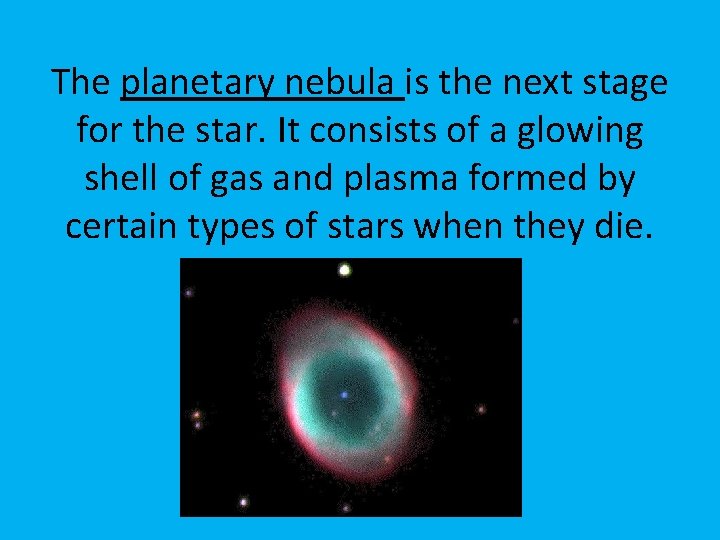 The planetary nebula is the next stage for the star. It consists of a