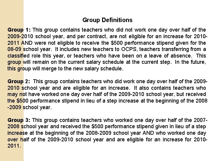 Group Definitions Group 1: This group contains teachers who did not work one day Group Definitions Group 1: This group contains teachers who did not work one day