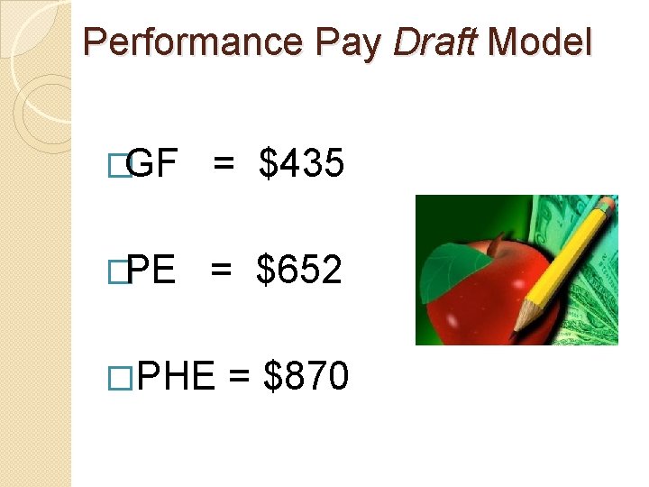 Performance Pay Draft Model �GF = $435 �PE = $652 � PHE = $870