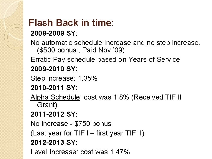 Flash Back in time: 2008 -2009 SY: No automatic schedule increase and no step