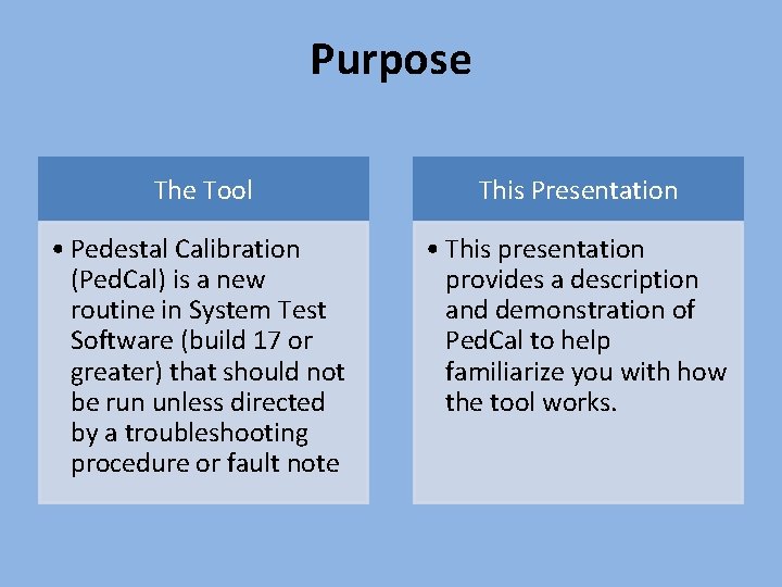 Purpose The Tool This Presentation • Pedestal Calibration (Ped. Cal) is a new routine