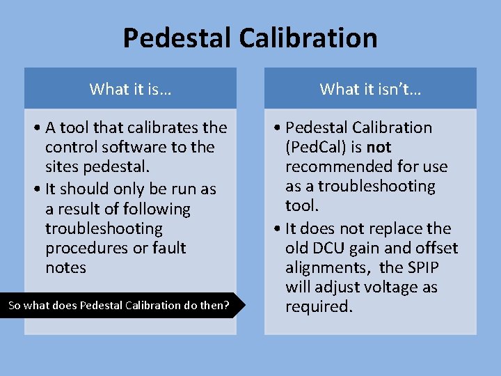 Pedestal Calibration What it is… What it isn’t… • A tool that calibrates the