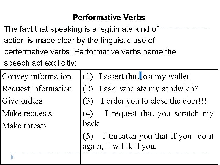 Performative Verbs The fact that speaking is a legitimate kind of action is made