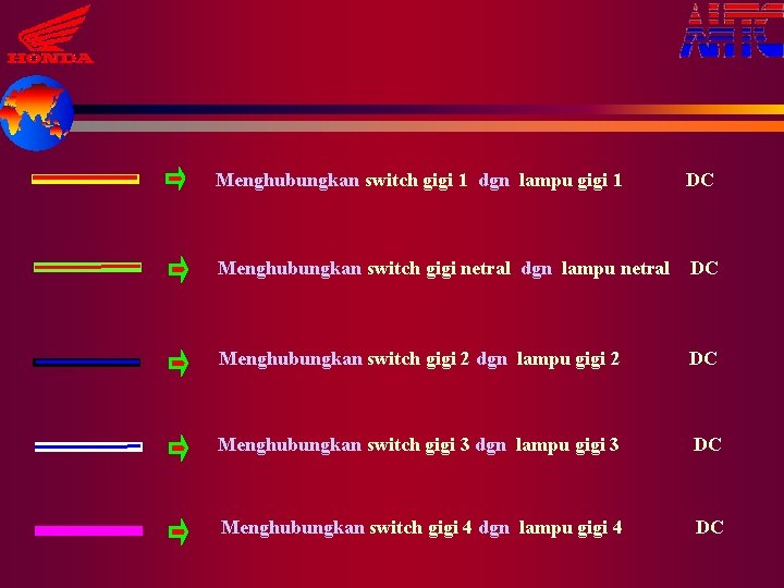 Menghubungkan switch gigi 1 dgn lampu gigi 1 DC Menghubungkan switch gigi netral dgn