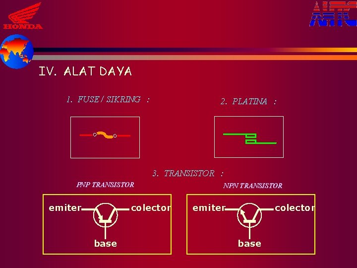 IV. ALAT DAYA 1. FUSE / SIKRING : 2. PLATINA : 3. TRANSISTOR :