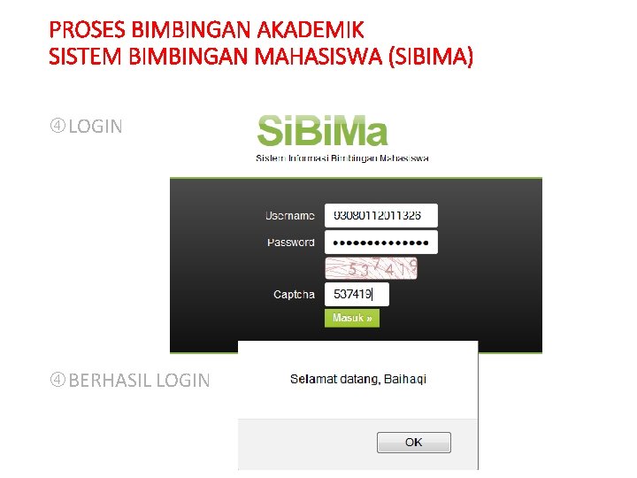 PROSES BIMBINGAN AKADEMIK SISTEM BIMBINGAN MAHASISWA (SIBIMA) LOGIN BERHASIL LOGIN 