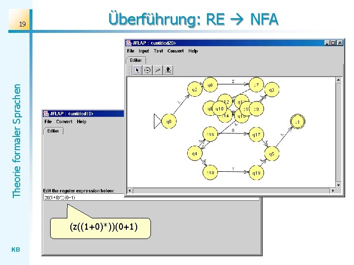 Überführung: RE NFA Theorie formaler Sprachen 19 (z((1+0)*))(0+1) KB Überführung: RE NFA Theorie formaler Sprachen 19 (z((1+0)*))(0+1) KB