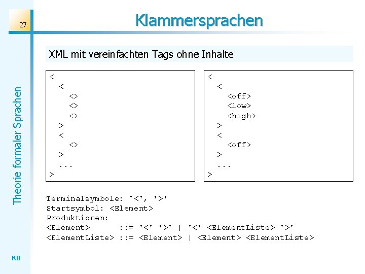 Klammersprachen 27 XML mit vereinfachten Tags ohne Inhalte Theorie formaler Sprachen < KB <