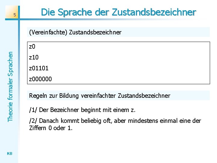 Die Sprache der Zustandsbezeichner 5 (Vereinfachte) Zustandsbezeichner Theorie formaler Sprachen z 0 KB z