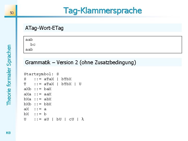 Tag-Klammersprache 50 Theorie formaler Sprachen ATag-Wort-ETag KB aab bc aab Grammatik – Version 2