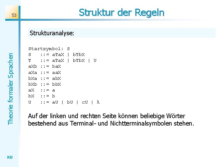 Struktur der Regeln 53 Theorie formaler Sprachen Strukturanalyse: KB Startsymbol: S : : =