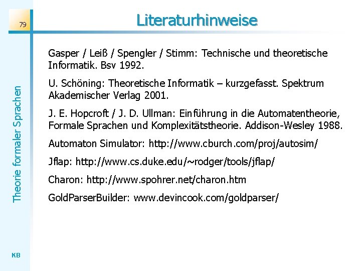 79 Literaturhinweise Theorie formaler Sprachen Gasper / Leiß / Spengler / Stimm: Technische und