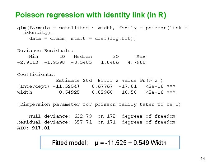 Poisson regression with identity link (in R) glm(formula = satellites ~ width, family = Poisson regression with identity link (in R) glm(formula = satellites ~ width, family =