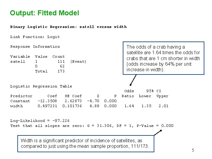Output: Fitted Model Binary Logistic Regression: satell versus width Link Function: Logit Response Information Output: Fitted Model Binary Logistic Regression: satell versus width Link Function: Logit Response Information